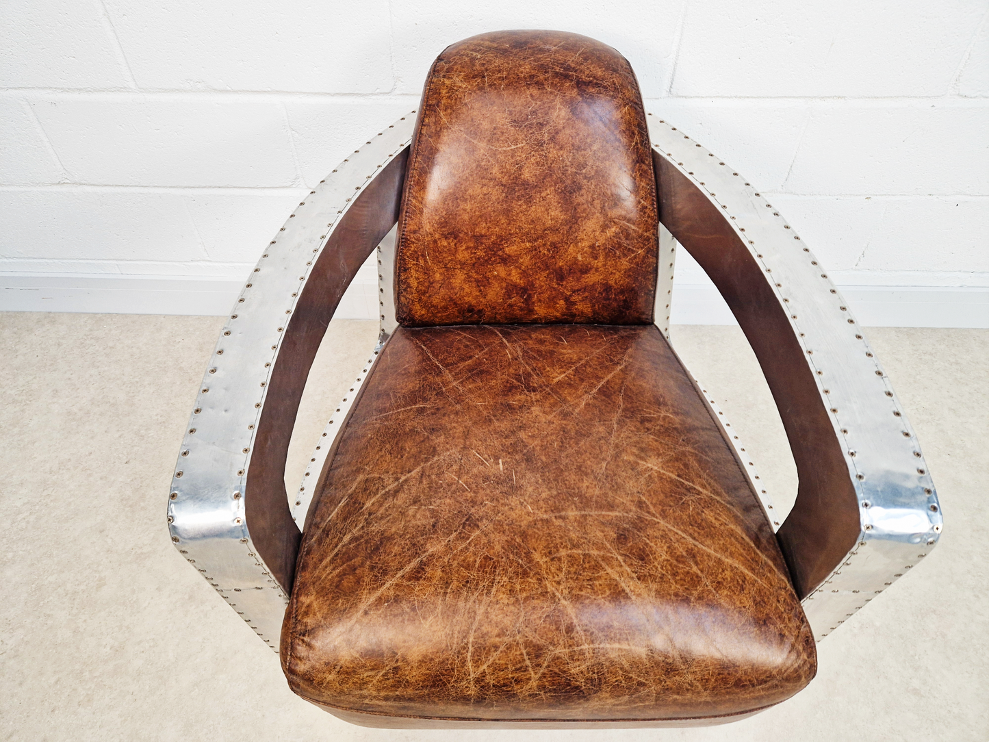 Vintage Mid Century Aluminium & Chesnut Leather Aviator Lounge Accent Armchair
