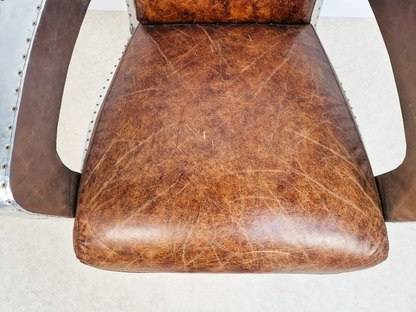 Vintage Mid Century Aluminium & Chesnut Leather Aviator Lounge Accent Armchair