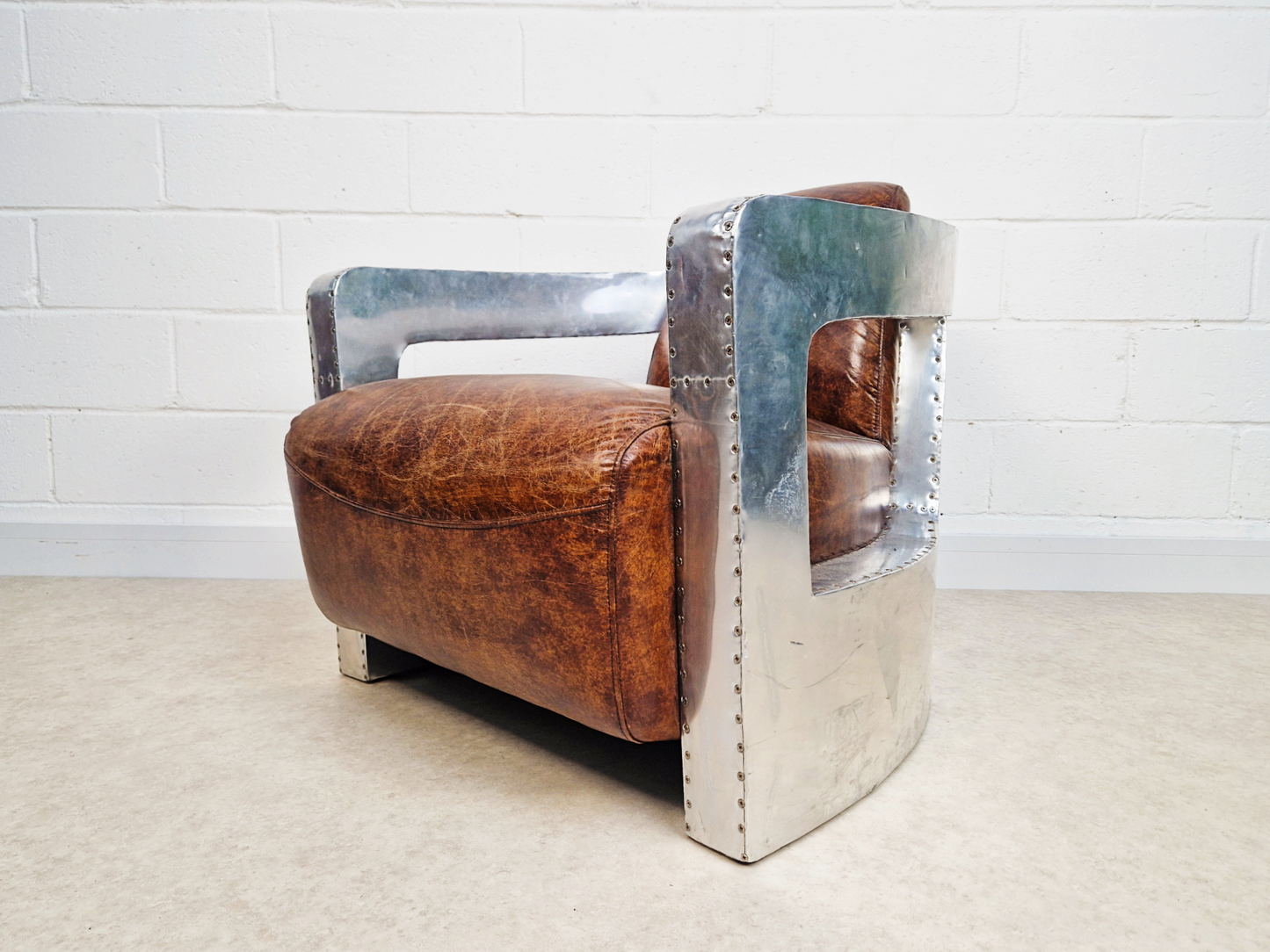 Vintage Mid Century Aluminium & Chesnut Leather Aviator Lounge Accent Armchair