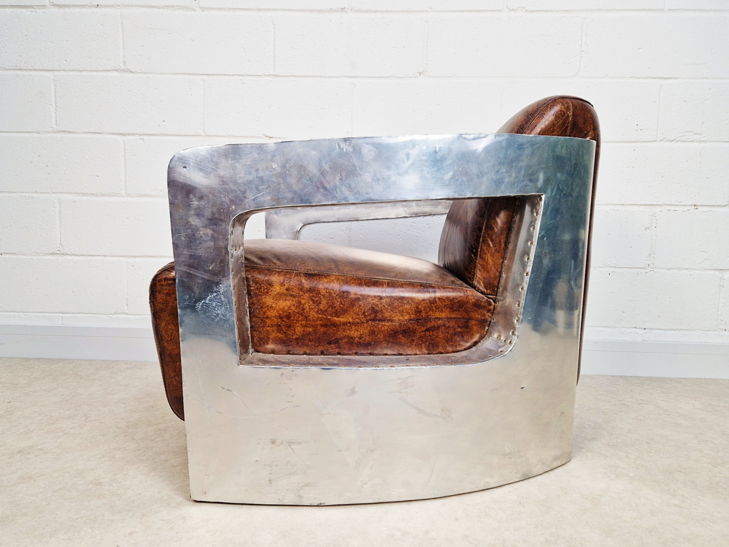 Vintage Mid Century Aluminium & Chesnut Leather Aviator Lounge Accent Armchair