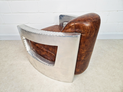 Vintage Mid Century Aluminium & Chesnut Leather Aviator Lounge Accent Armchair