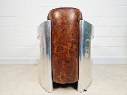 Vintage Mid Century Aluminium & Chesnut Leather Aviator Lounge Accent Armchair