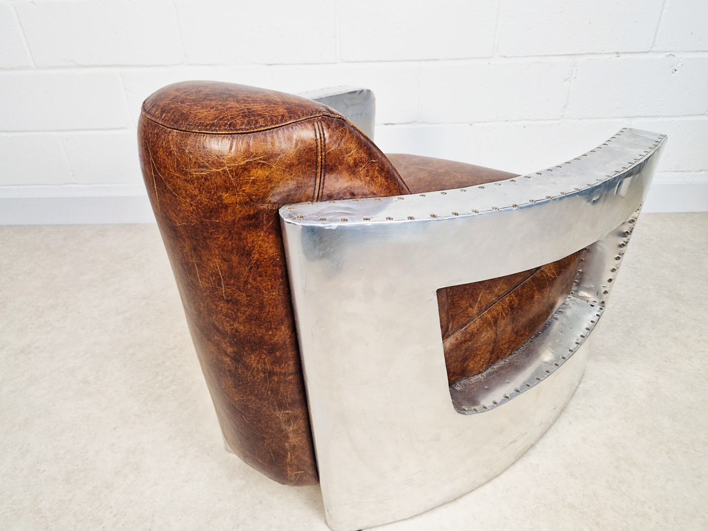 Vintage Mid Century Aluminium & Chesnut Leather Aviator Lounge Accent Armchair