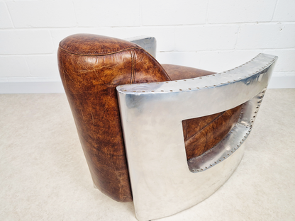 Vintage Mid Century Aluminium & Chesnut Leather Aviator Lounge Accent Armchair