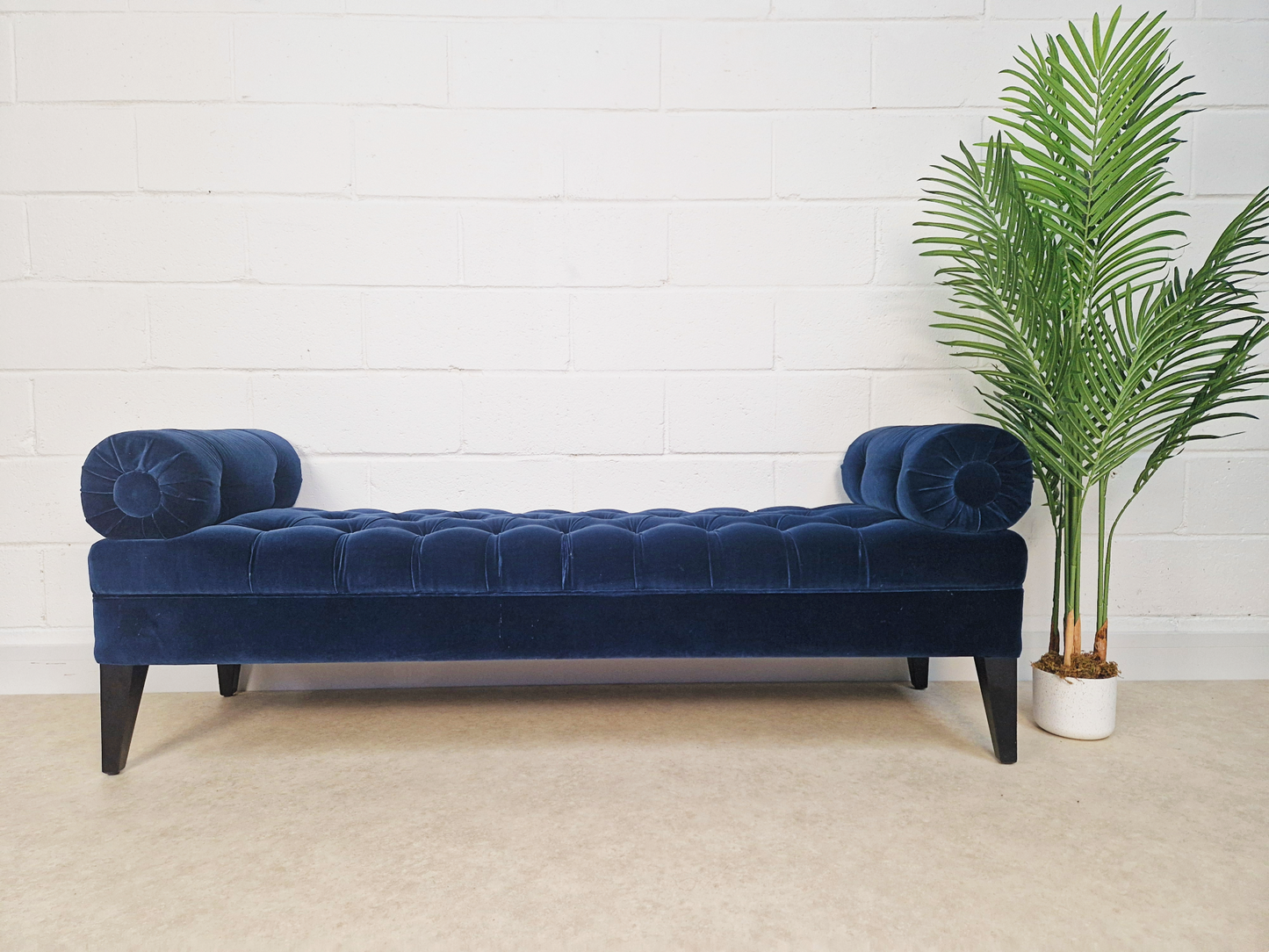 Vintage Mid Century Art Deco Inspired Velvet & Ebonised Teak Long Window Seat Sofa