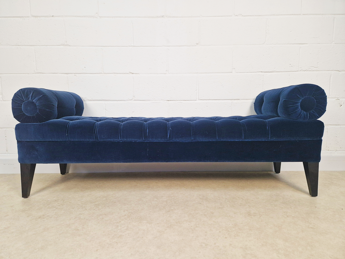 Vintage Mid Century Art Deco Inspired Velvet & Ebonised Teak Long Window Seat Sofa
