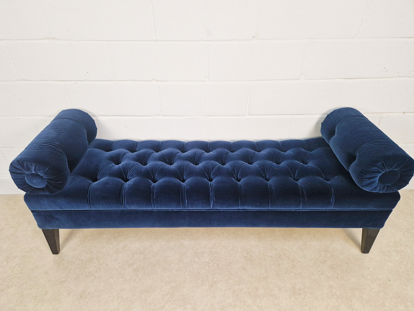 Vintage Mid Century Art Deco Inspired Velvet & Ebonised Teak Long Window Seat Sofa