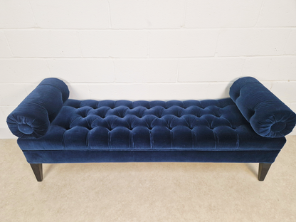 Vintage Mid Century Art Deco Inspired Velvet & Ebonised Teak Long Window Seat Sofa