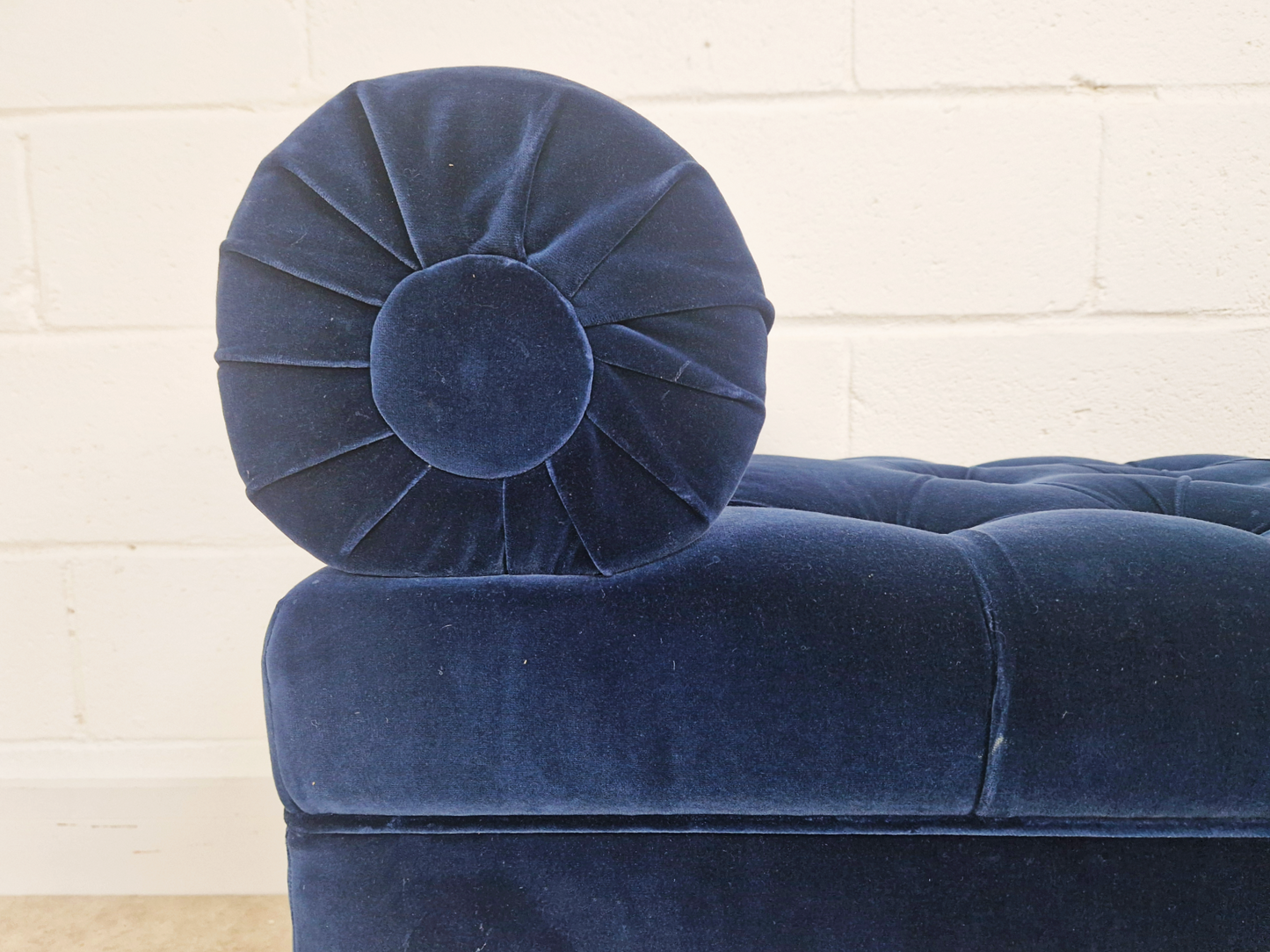 Vintage Mid Century Art Deco Inspired Velvet & Ebonised Teak Long Window Seat Sofa