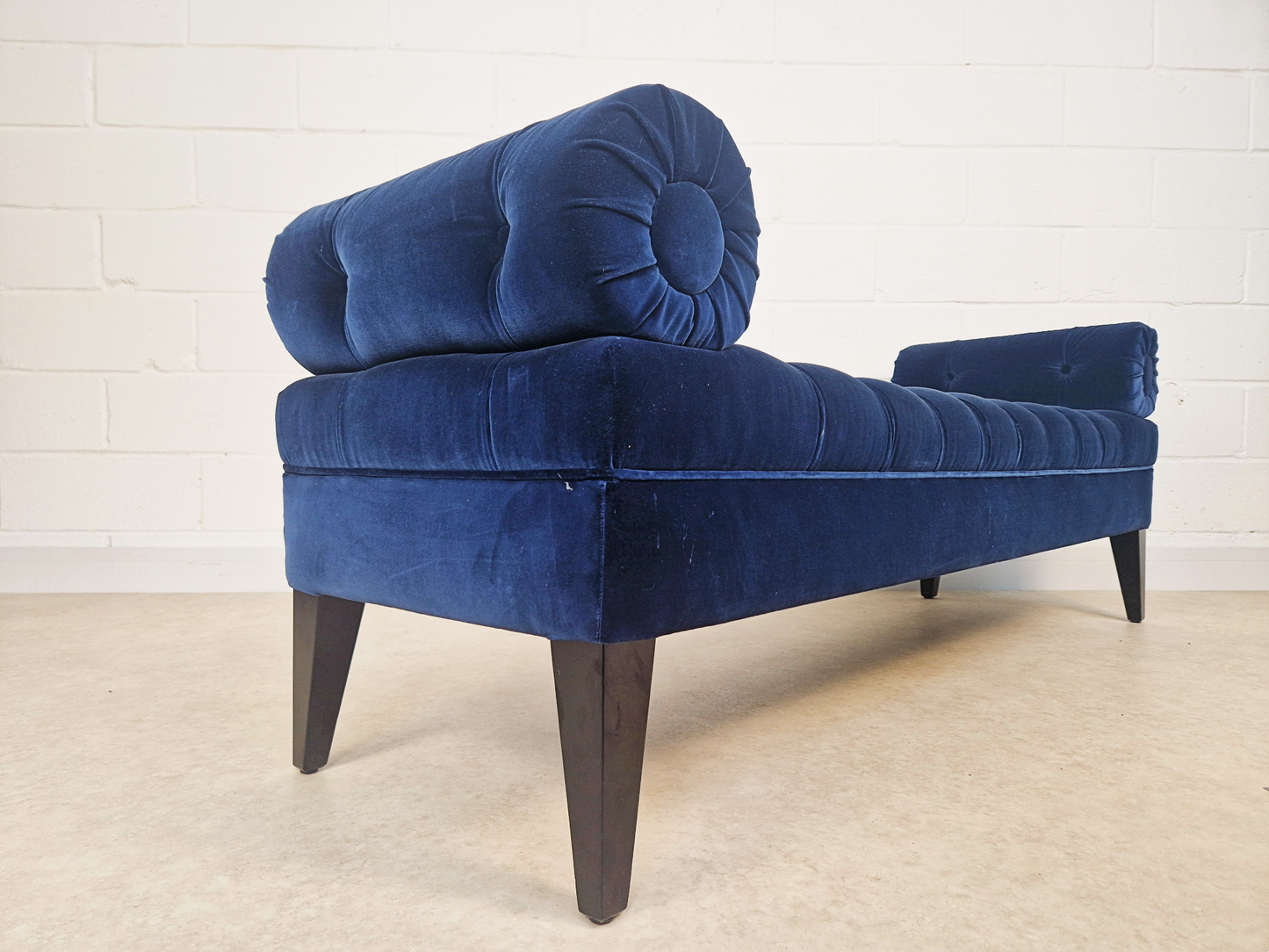 Vintage Mid Century Art Deco Inspired Velvet & Ebonised Teak Long Window Seat Sofa