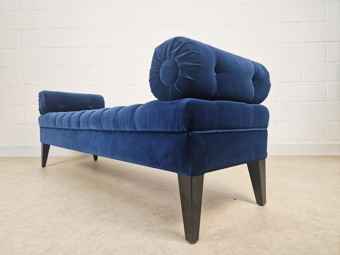 Vintage Mid Century Art Deco Inspired Velvet & Ebonised Teak Long Window Seat Sofa