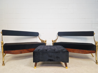 Vintage Art Deco Inspired Mid Century Pair Walnut Brass & Velvet Accent Sofas