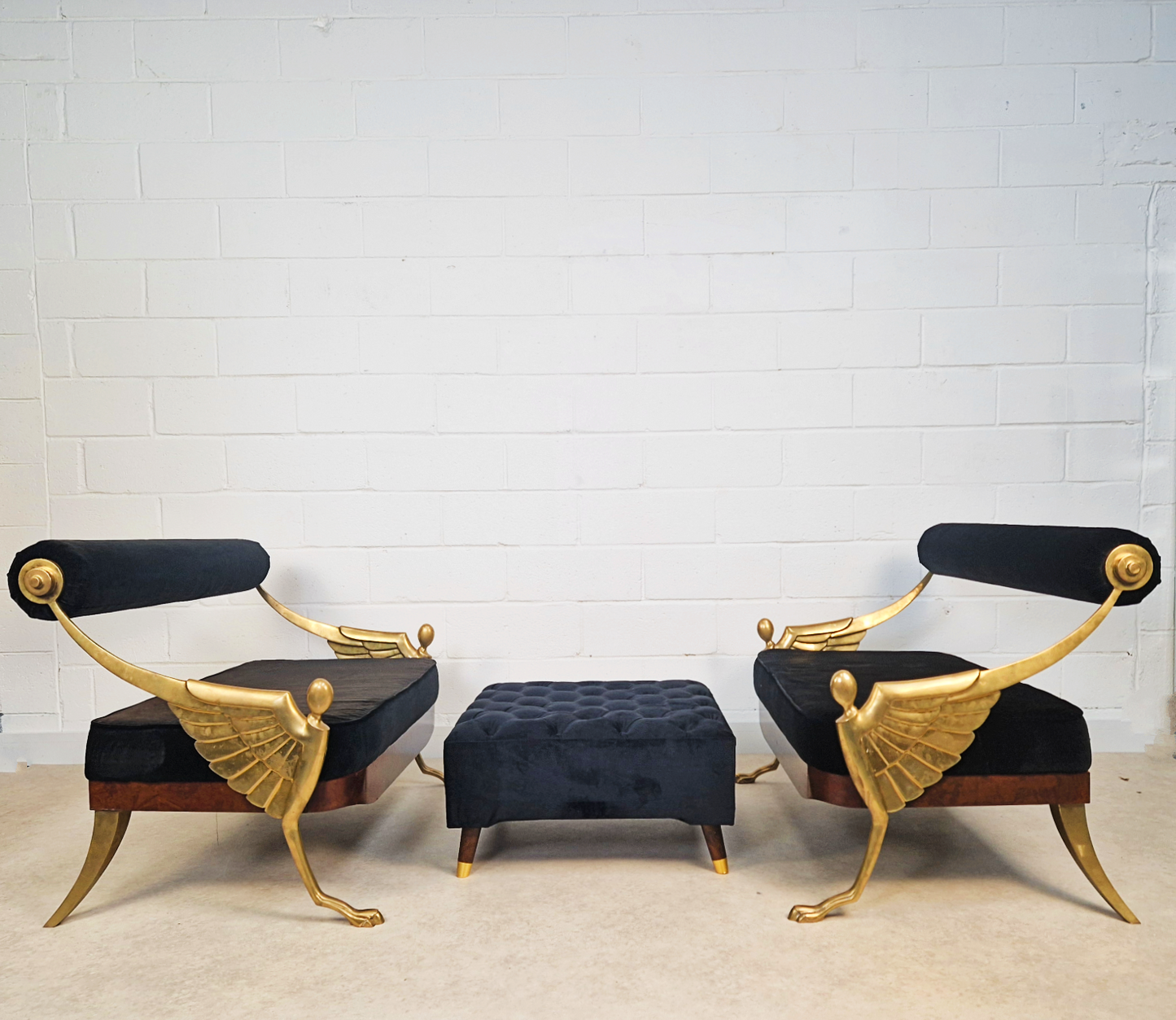 Vintage Art Deco Inspired Mid Century Pair Walnut Brass & Velvet Accent Sofas