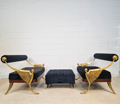 Vintage Art Deco Inspired Mid Century Pair Walnut Brass & Velvet Accent Sofas