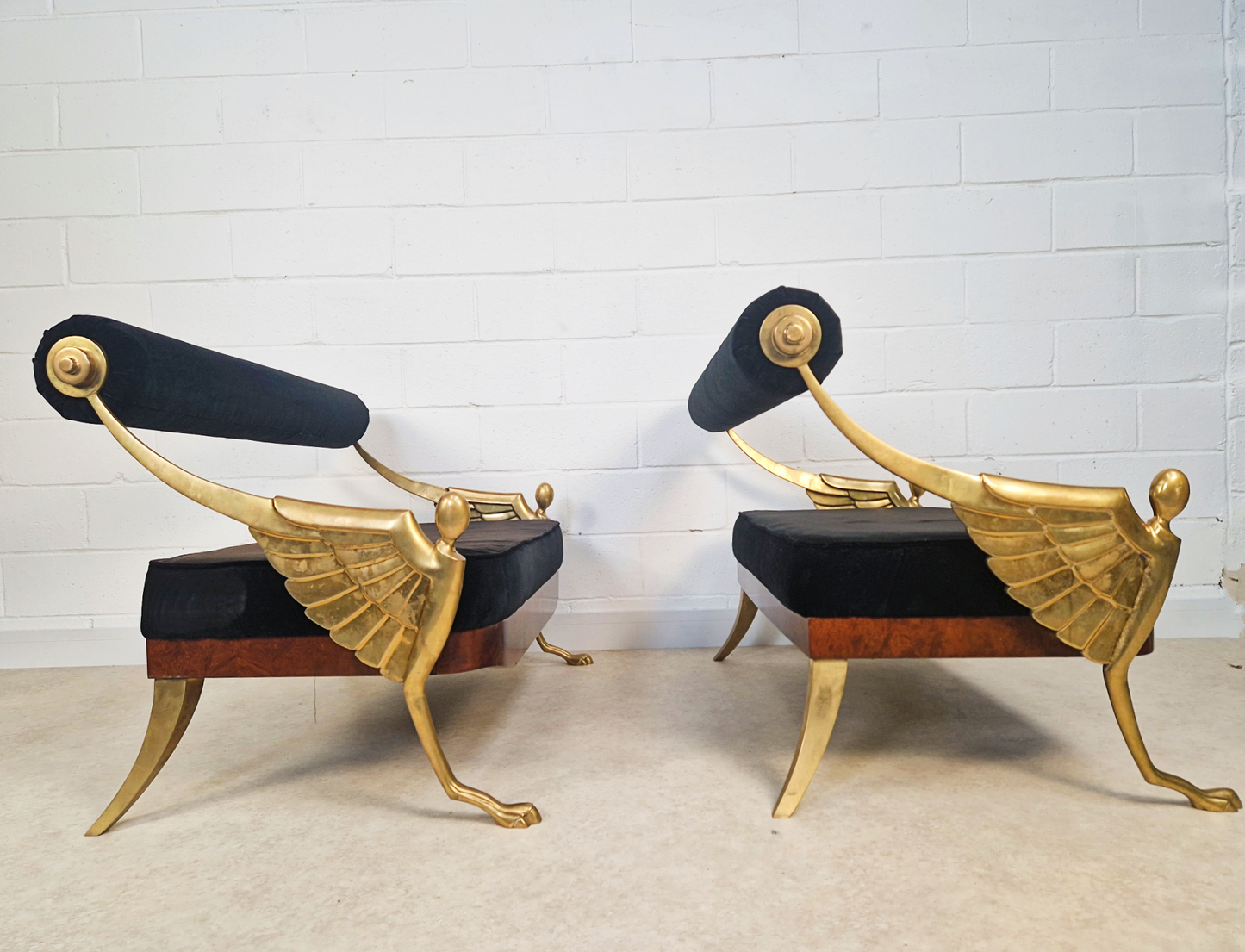 Vintage Art Deco Inspired Mid Century Pair Walnut Brass & Velvet Accent Sofas