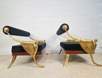 Vintage Art Deco Inspired Mid Century Pair Walnut Brass & Velvet Accent Sofas