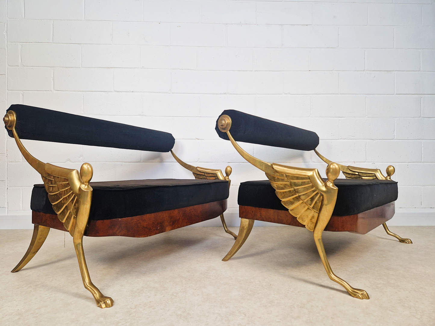 Vintage Art Deco Inspired Mid Century Pair Walnut Brass & Velvet Accent Sofas