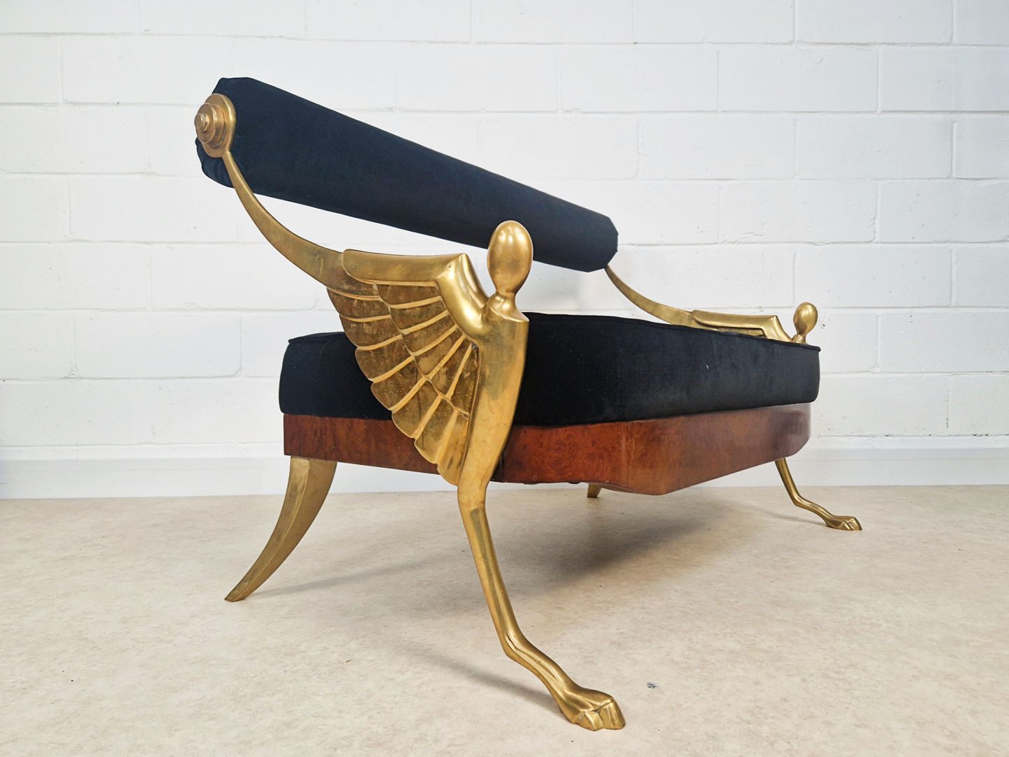 Vintage Art Deco Inspired Mid Century Pair Walnut Brass & Velvet Accent Sofas