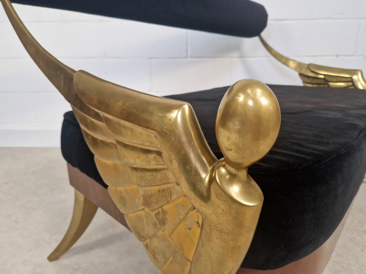 Vintage Art Deco Inspired Mid Century Pair Walnut Brass & Velvet Accent Sofas