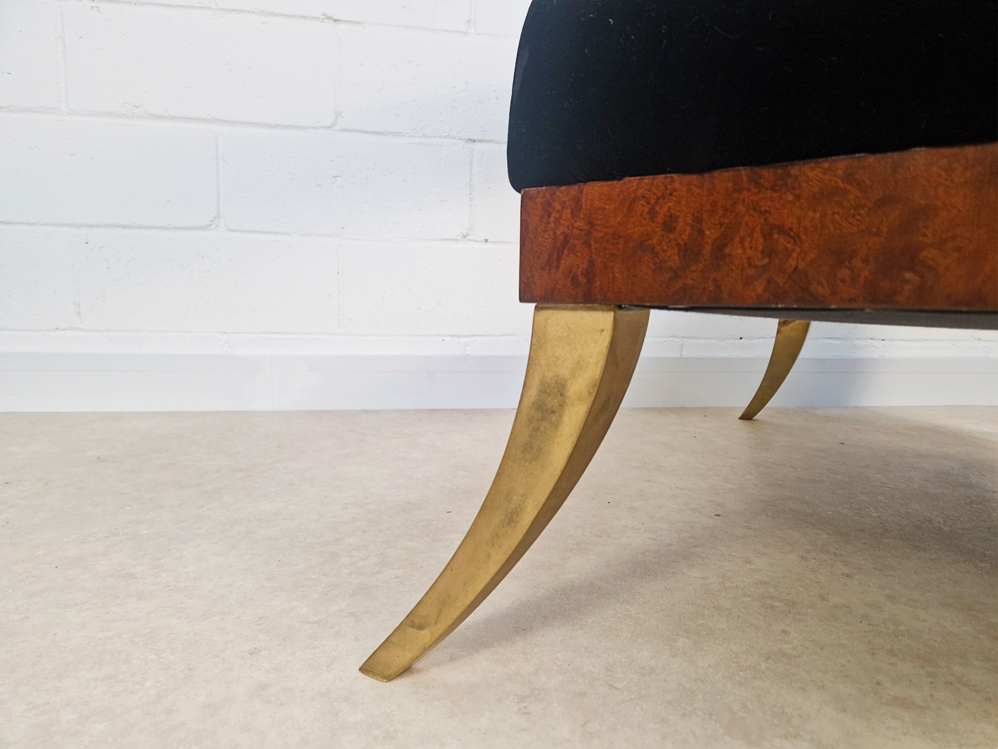 Vintage Art Deco Inspired Mid Century Pair Walnut Brass & Velvet Accent Sofas