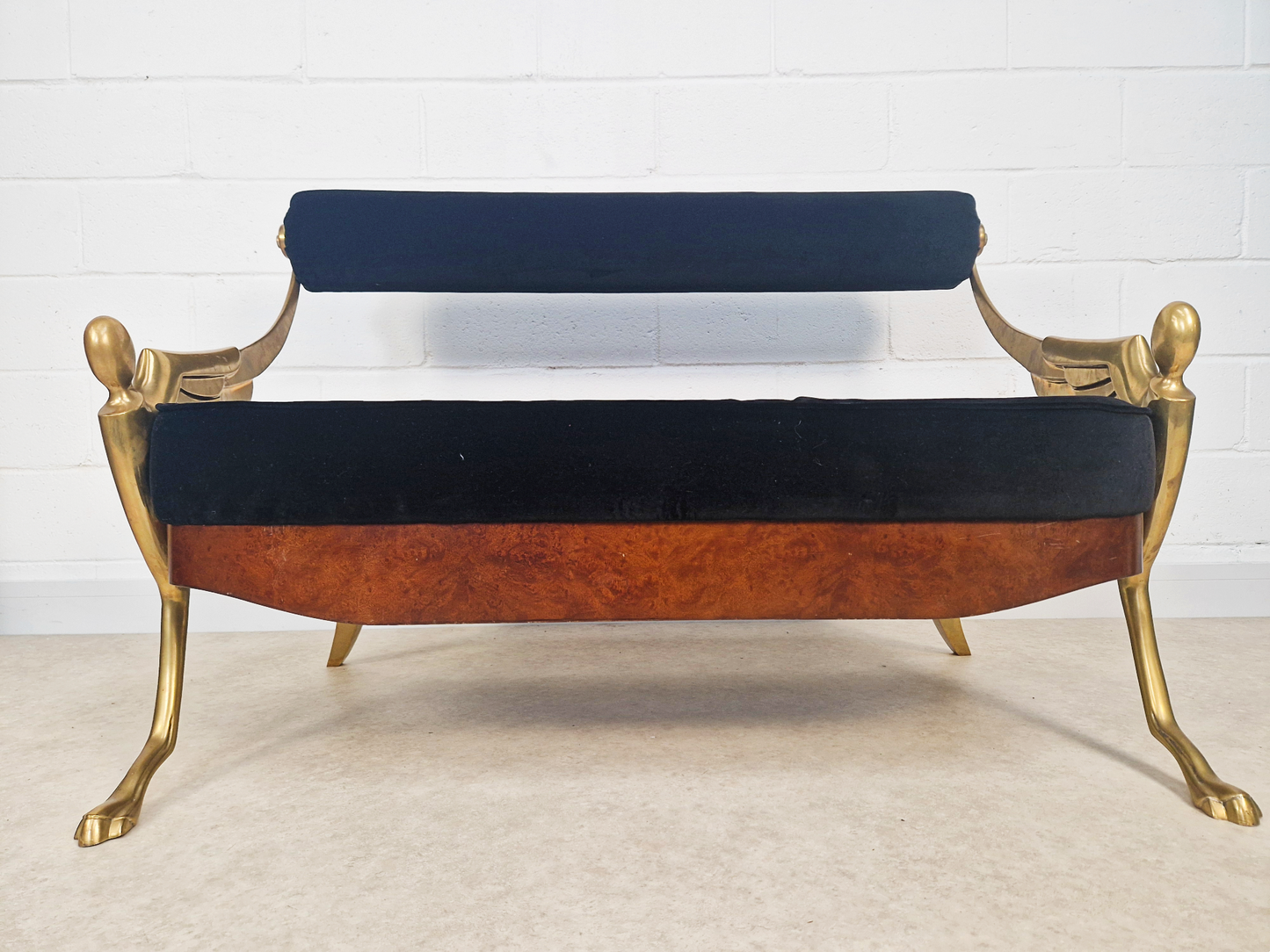 Vintage Art Deco Inspired Mid Century Pair Walnut Brass & Velvet Accent Sofas