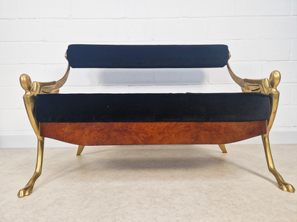 Vintage Art Deco Inspired Mid Century Pair Walnut Brass & Velvet Accent Sofas