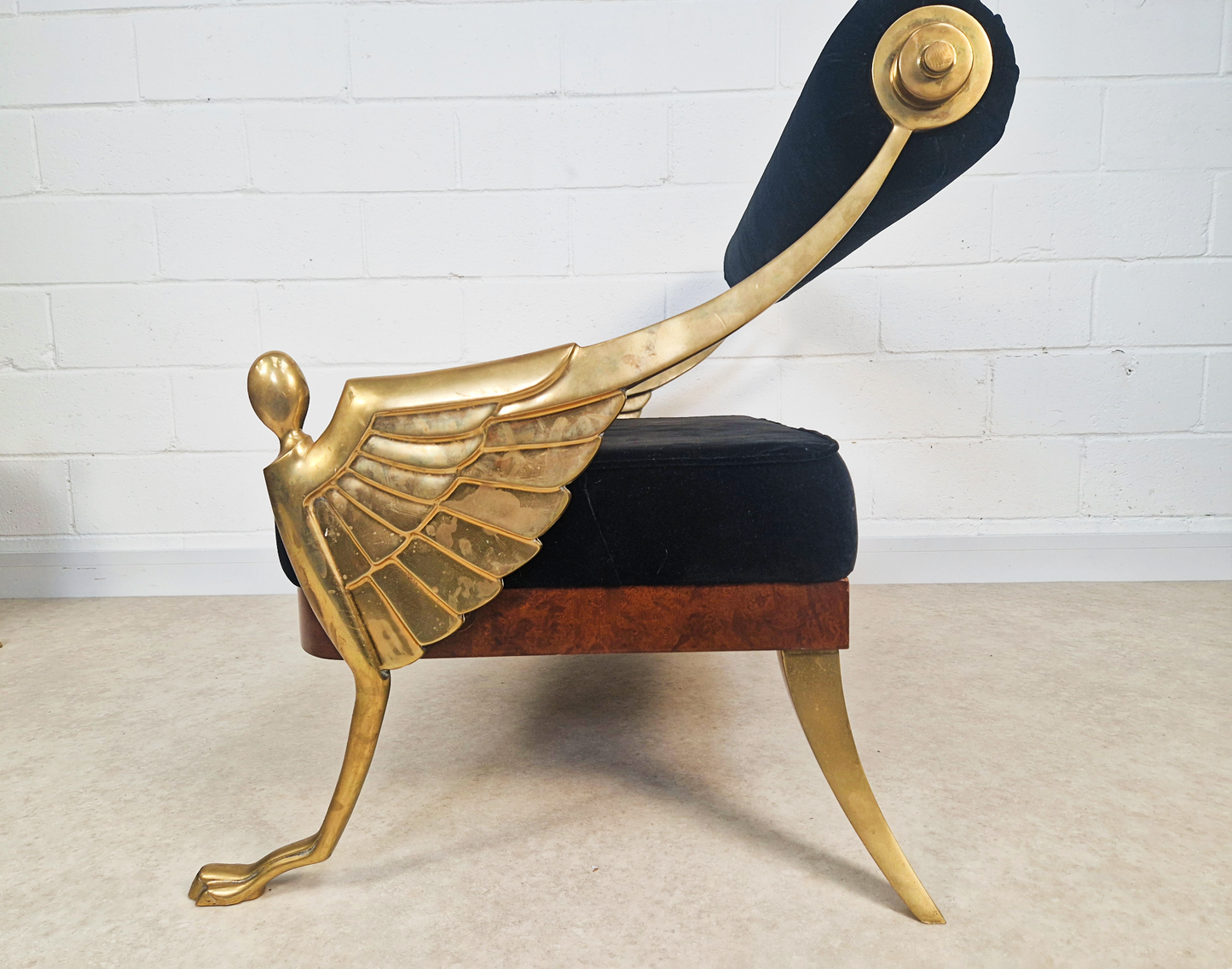 Vintage Art Deco Inspired Mid Century Pair Walnut Brass & Velvet Accent Sofas