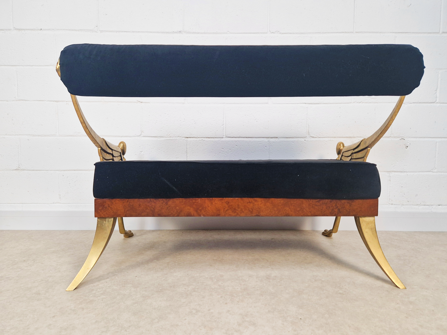 Vintage Art Deco Inspired Mid Century Pair Walnut Brass & Velvet Accent Sofas