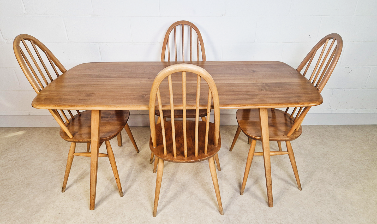 Ercol Windsor Vintage Mid Century Solid Elm Plank Table & Dining Chair Set