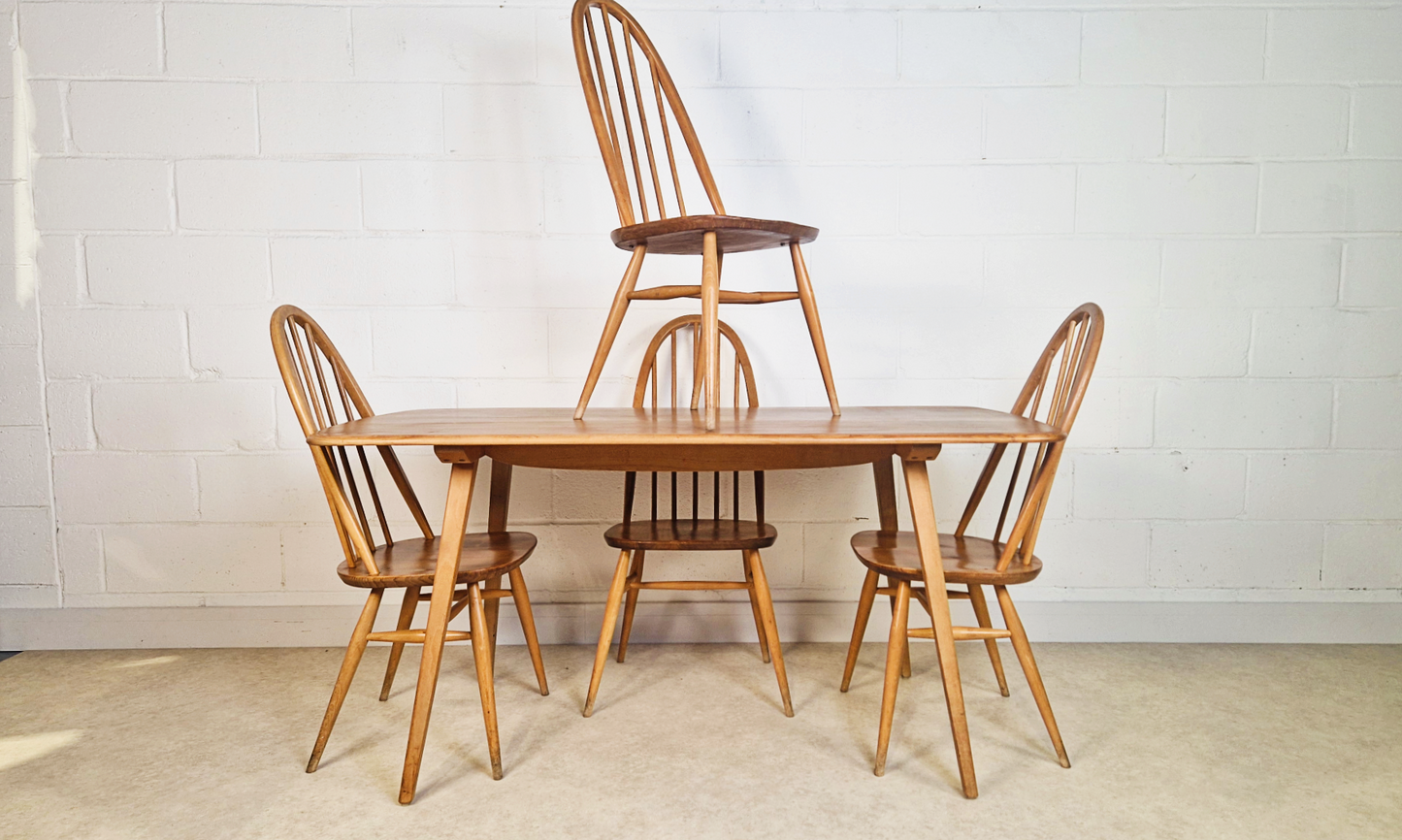 Ercol Windsor Vintage Mid Century Solid Elm Plank Table & Dining Chair Set