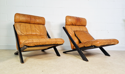 2 X Ueli Berger De Sede Vintage 1970s Danish Cognac Leather Easy Lounge Accent Chairs