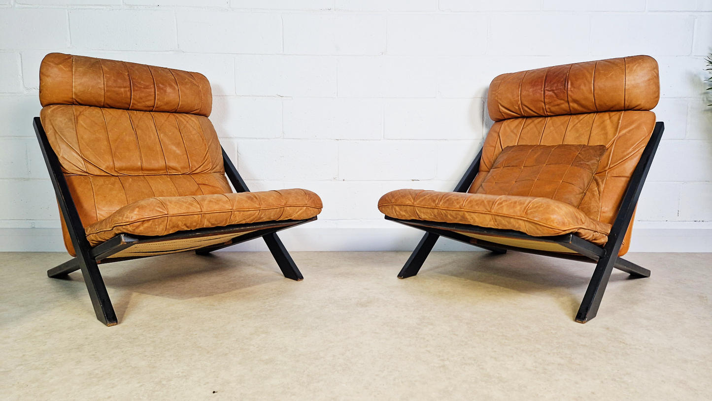 2 X Ueli Berger De Sede Vintage 1970s Danish Cognac Leather Easy Lounge Accent Chairs