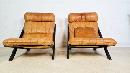 2 X Ueli Berger De Sede Vintage 1970s Danish Cognac Leather Easy Lounge Accent Chairs