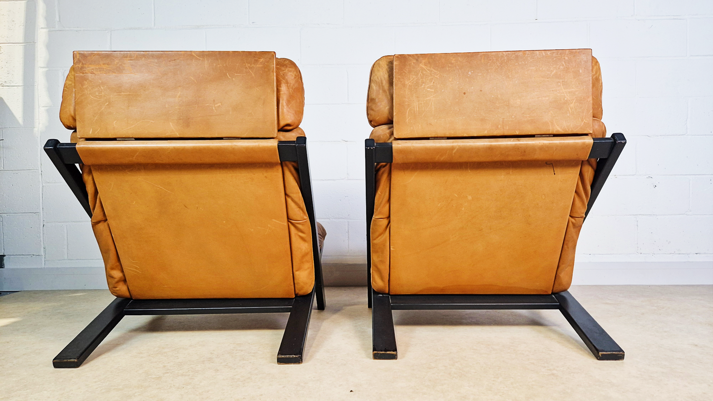 2 X Ueli Berger De Sede Vintage 1970s Danish Cognac Leather Easy Lounge Accent Chairs
