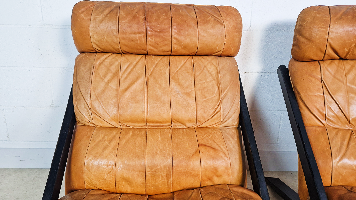 2 X Ueli Berger De Sede Vintage 1970s Danish Cognac Leather Easy Lounge Accent Chairs