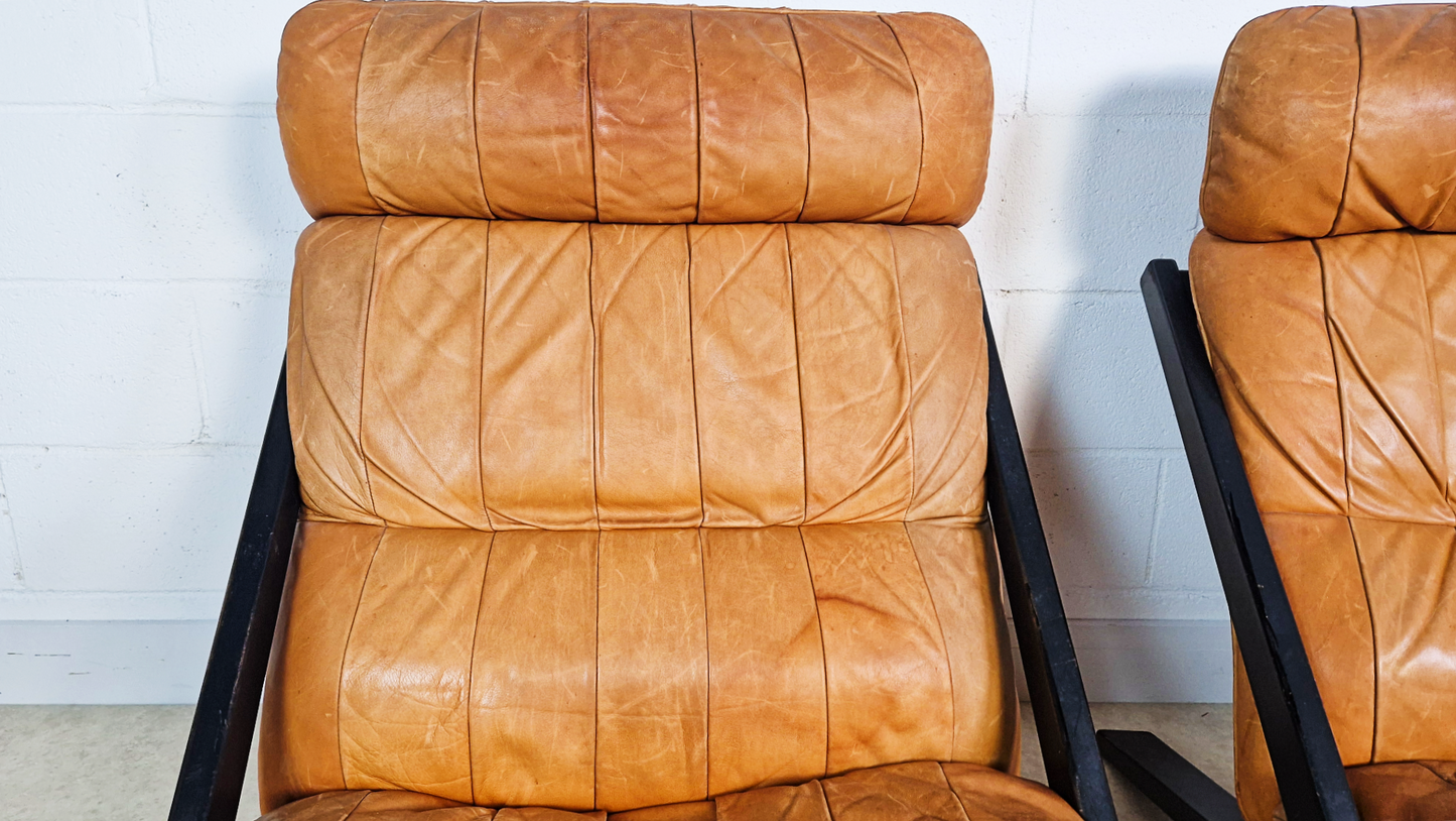 2 X Ueli Berger De Sede Vintage 1970s Danish Cognac Leather Easy Lounge Accent Chairs