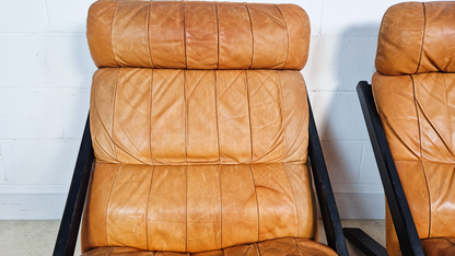 2 X Ueli Berger De Sede Vintage 1970s Danish Cognac Leather Easy Lounge Accent Chairs