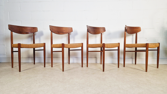 Set of 4 A.M Møbler Model 501 Vintage 1960s Danish Mid Century Teak & Cord Dining Chairs