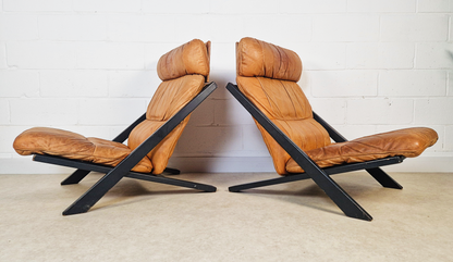 2 X Ueli Berger De Sede Vintage 1970s Danish Cognac Leather Easy Lounge Accent Chairs