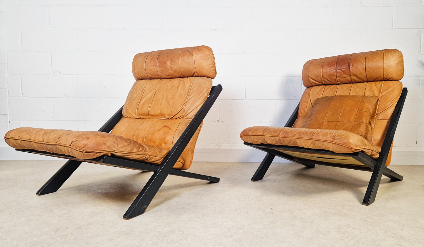 2 X Ueli Berger De Sede Vintage 1970s Danish Cognac Leather Easy Lounge Accent Chairs