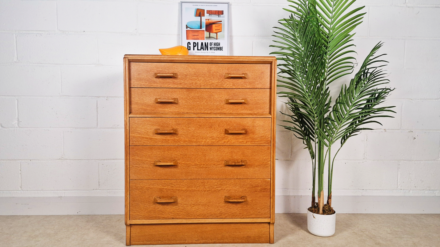 G Plan Egomme Gold Label Vintage 1950s Mid Century Tallboy Chest of Drawers