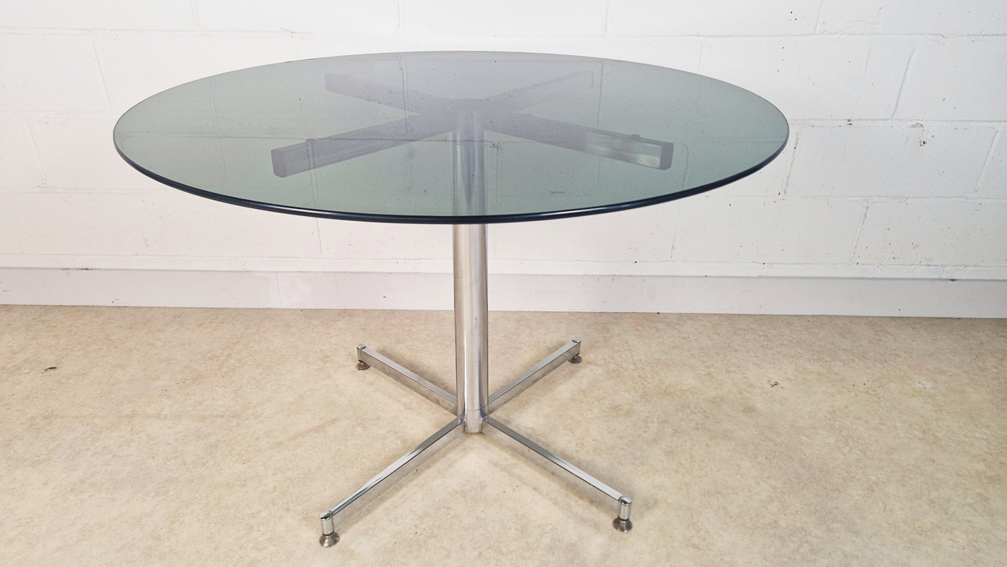 Vintage Mid century 1970s Smoked Glass & Chrome Circular Round Dining Table