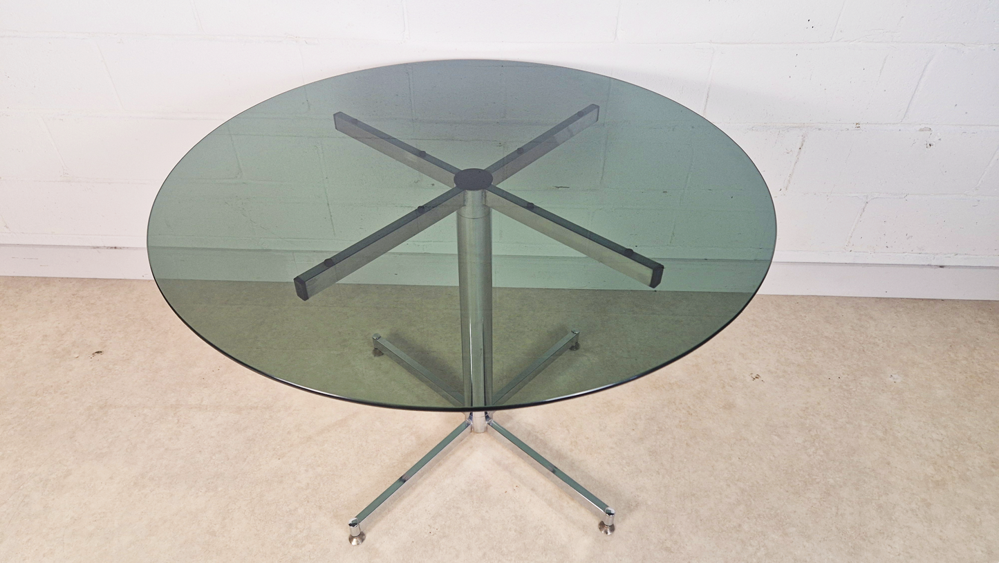 Vintage Mid century 1970s Smoked Glass & Chrome Circular Round Dining Table