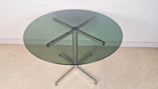 Vintage Mid century 1970s Smoked Glass & Chrome Circular Round Dining Table