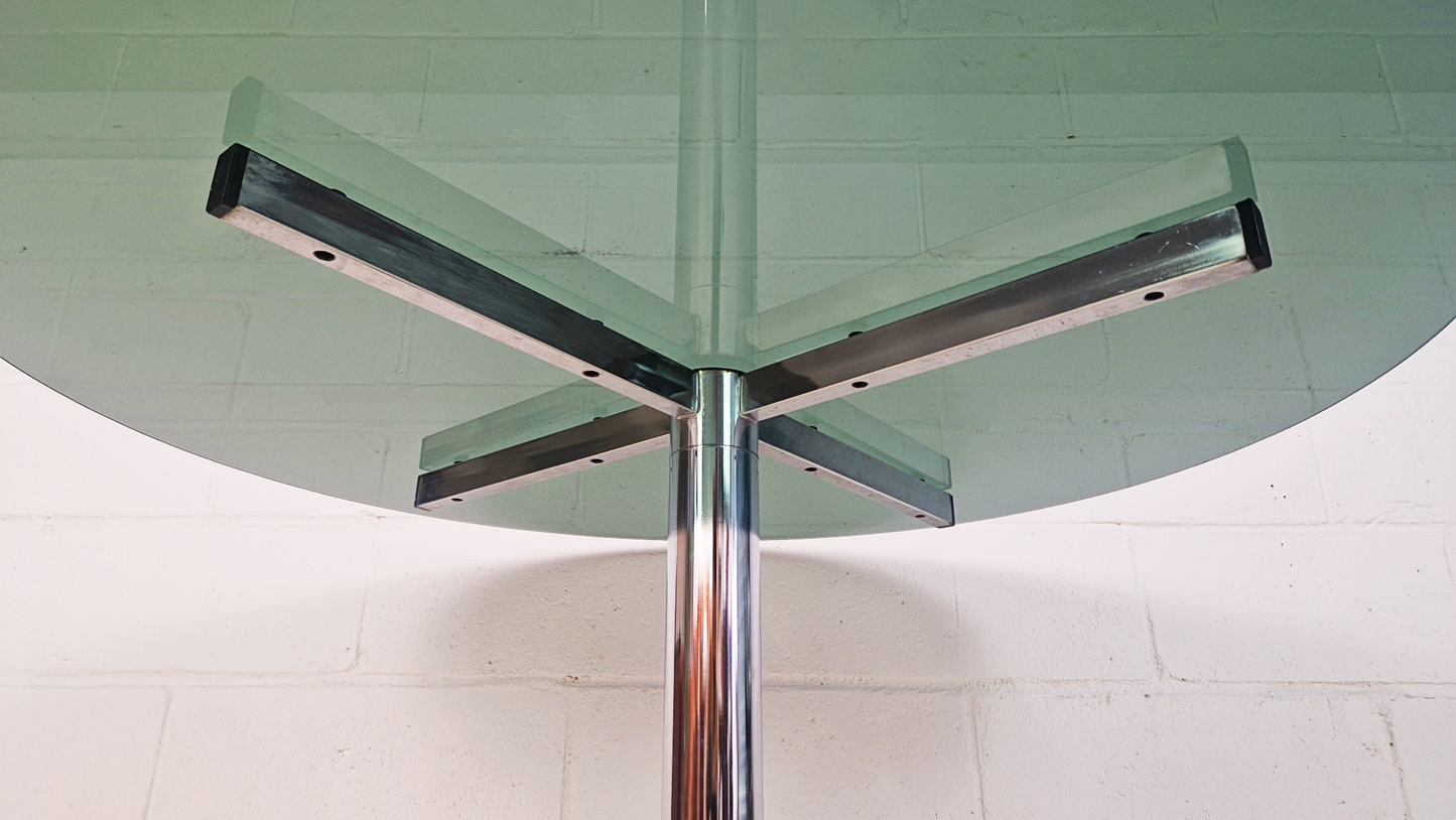 Vintage Mid century 1970s Smoked Glass & Chrome Circular Round Dining Table