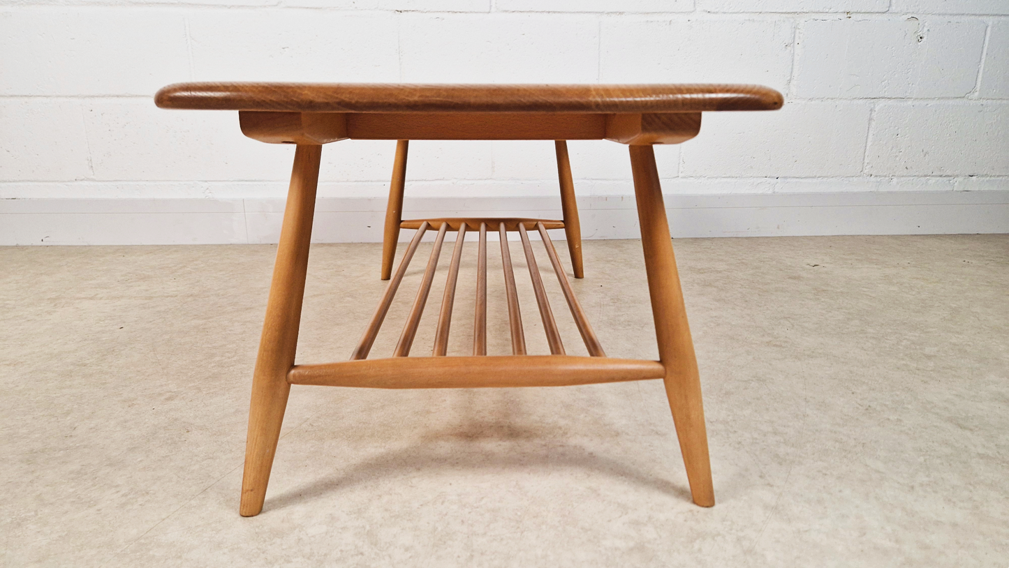 Ercol Vintage Mid Century Solid Light Elm Danish Design Coffee Table With Rack