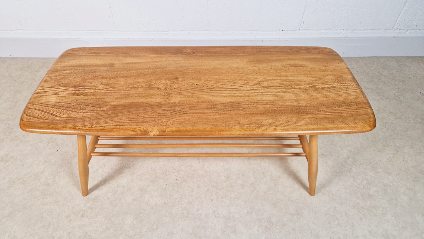 Ercol Vintage Mid Century Solid Light Elm Danish Design Coffee Table With Rack