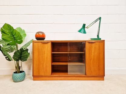 Vintage 1960s Mid Century Medium Teak & Glazed Glass Double Bookcase Sideboard