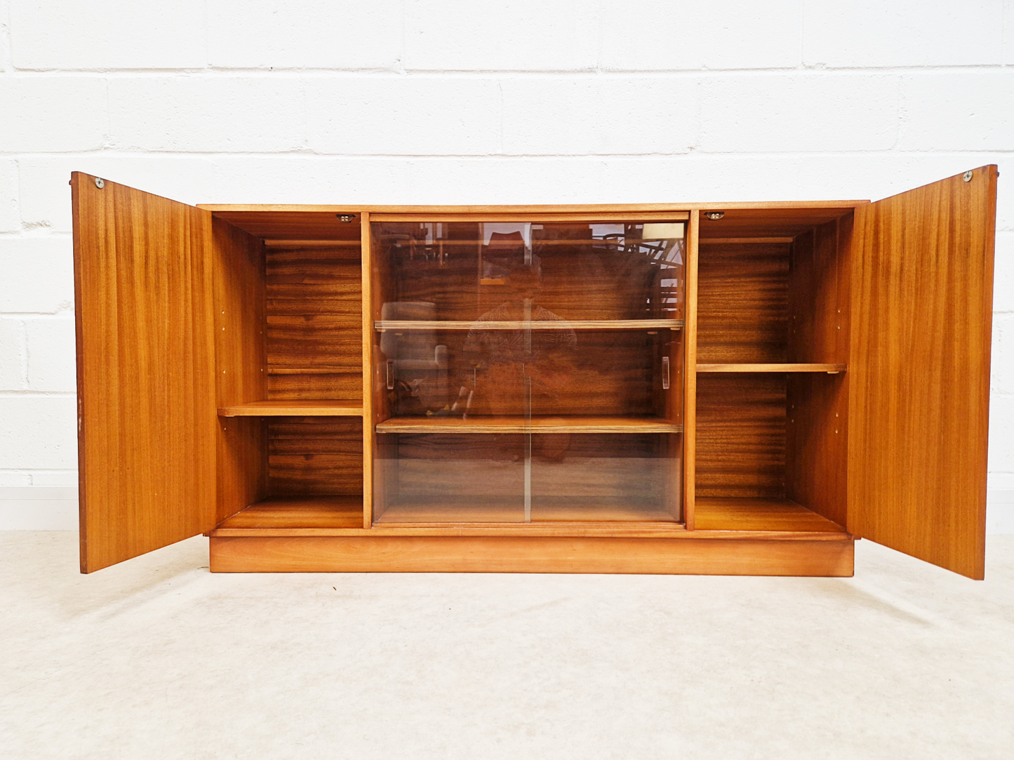 Vintage 1960s Mid Century Medium Teak & Glazed Glass Double Bookcase Sideboard