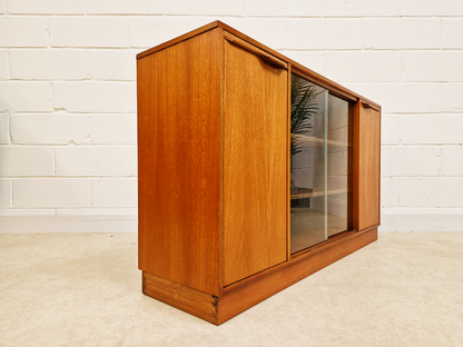 Vintage 1960s Mid Century Medium Teak & Glazed Glass Double Bookcase Sideboard